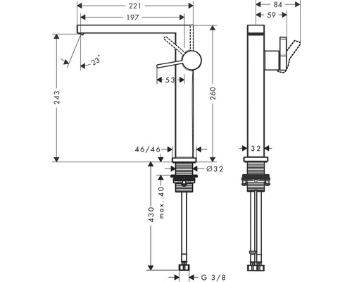 Technische Zeichnung einer Waschtischarmatur mit Maßangaben