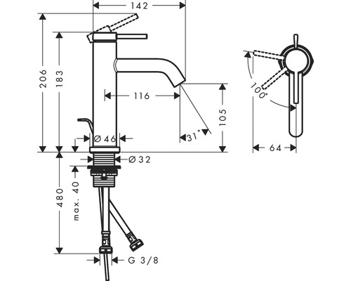 Technische Zeichnung einer Armatur mit Maßangaben