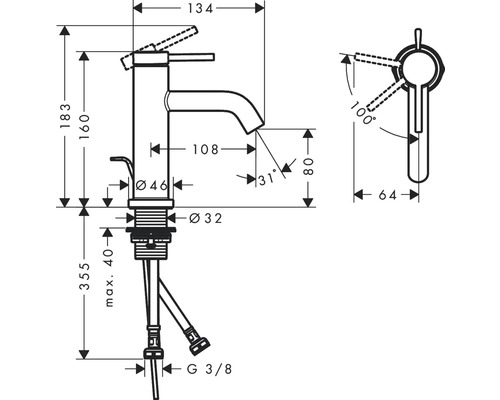 Technische Zeichnung einer Armatur mit Maßangaben
