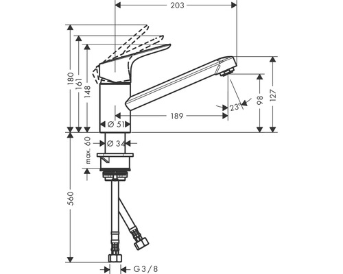 Technische Zeichnung einer Küchenarmatur mit Maßangaben