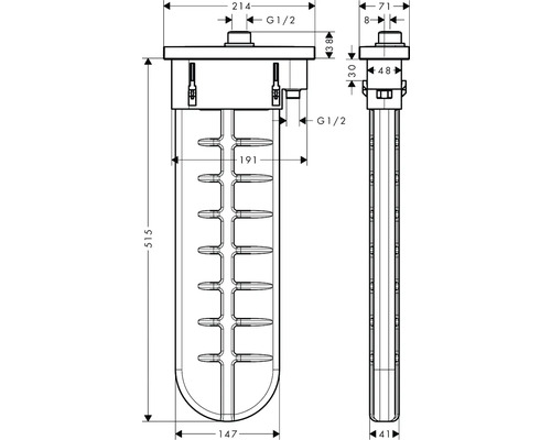 Technische Zeichnung eines Heizstabs mit den Maßen 515, 191, 214, 147, 41, 38, 30, 71 und 8 mm