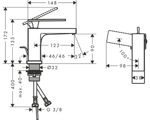 Maßzeichnung einer Waschtischarmatur mit Angabe der Abmessungen