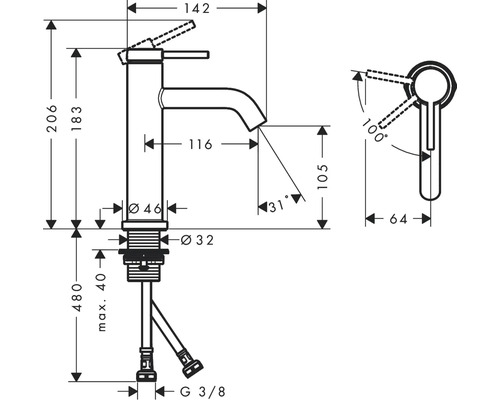 Technische Zeichnung einer Armatur mit Maßangaben