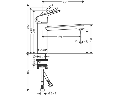 Technische Zeichnung einer Armatur mit Maßangaben