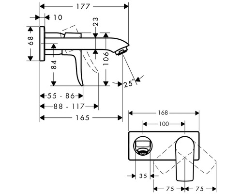 Technische Zeichnung einer Armatur mit Maßangaben