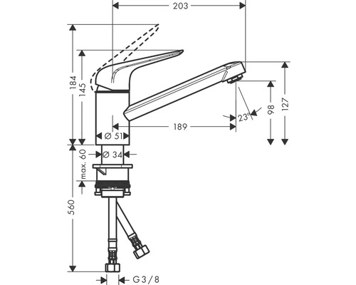 Technische Zeichnung einer Armatur mit Maßangaben.