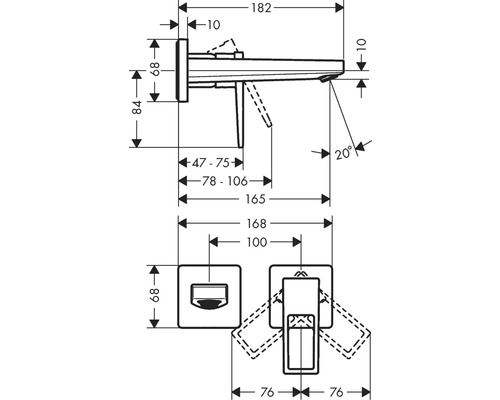 Technische Zeichnung eines Wasserhahns mit Maßangaben