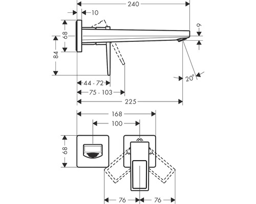 Technische Zeichnung einer Waschtischarmatur mit Maßangaben
