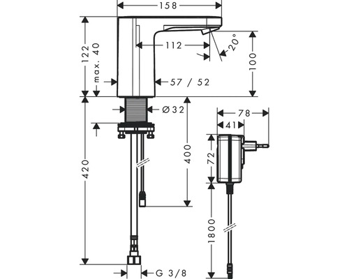 Maßzeichnung einer Armatur mit den Maßen für Höhe, Breite und Tiefe