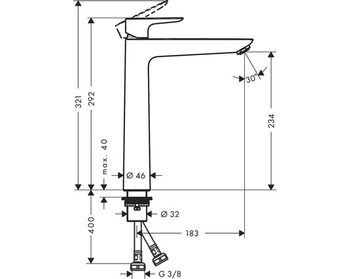 Technische Zeichnung einer Armatur mit Maßangaben