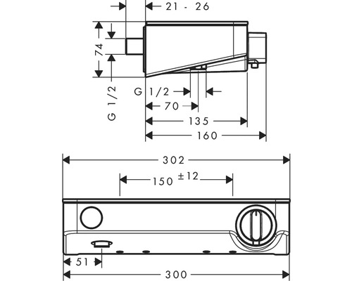 Technische Zeichnung einer Unterputzbox mit Maßangaben
