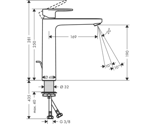 Technische Zeichnung einer Armatur mit Maßangaben