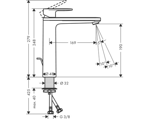 Technische Zeichnung einer Armatur mit Maßangaben