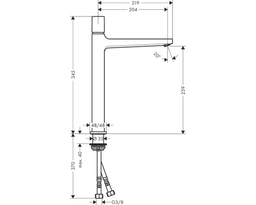 Zeichnung eines Wasserhahns mit Maßangaben.