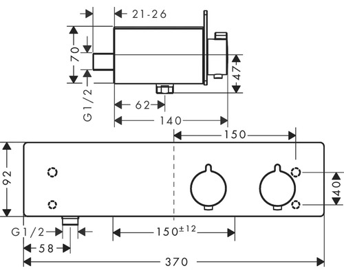 Maßzeichnung einer Unterputz-Armatur mit Maßangaben