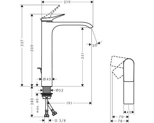 Maße des Wasserhahns