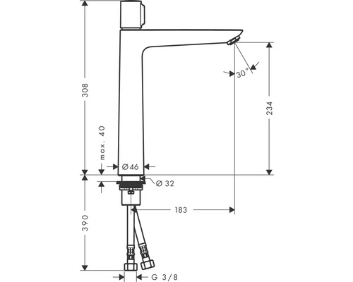 Technische Zeichnung eines Wasserhahns mit Maßangaben
