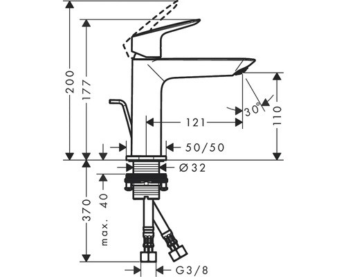 Technische Zeichnung einer Armatur mit Maßangaben