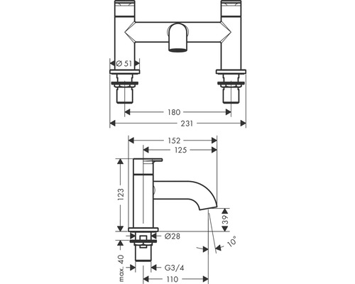 Technische Zeichnung einer Armatur mit Maßangaben