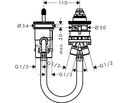 Technische Zeichnung eines Siphons mit den Maßen Durchmesser 54 Millimeter und Durchmesser 50 Millimeter sowie G 1/2 Zoll Anschlüssen.