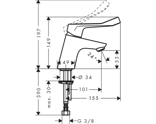 Technische Zeichnung einer Waschtischarmatur mit Maßangaben