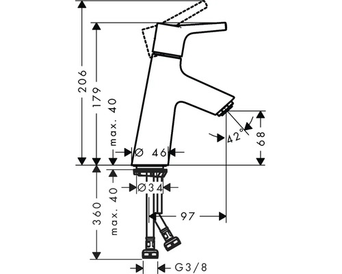 Maßzeichnung einer Armatur mit Höhenangaben