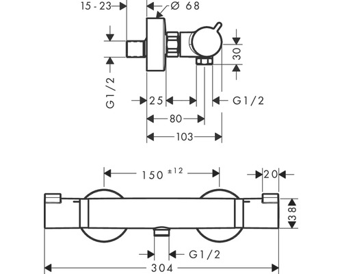 Technische Zeichnung einer Duscharmatur mit Maßangaben