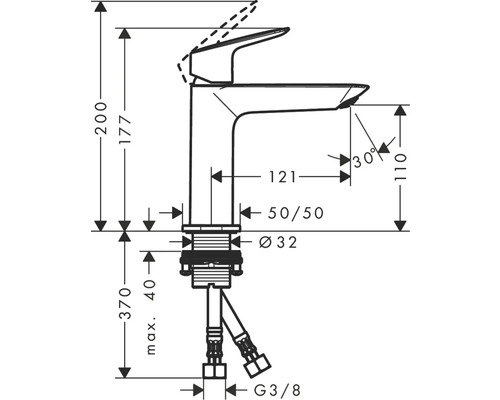 Maßzeichnung einer Armatur mit Höhenangaben