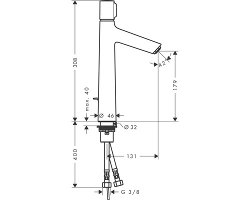 Technische Zeichnung einer Armatur mit Maßangaben