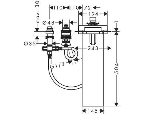 Maßzeichnung eines Waschtischs mit Armatur und den dazugehörigen Abmessungen