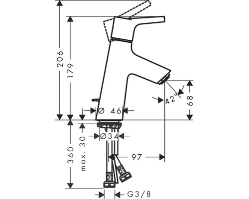 Technische Zeichnung einer Armatur mit Maßangaben.