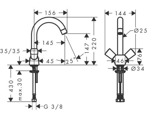 Technische Zeichnung einer Armatur mit Maßen