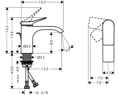 Technische Zeichnung einer Armatur mit Maßangaben