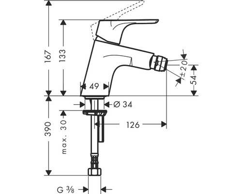 Technische Zeichnung eines Wasserhahns mit Maßangaben