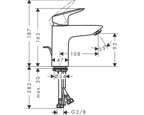 Technische Zeichnung einer Waschtischarmatur mit Maßangaben