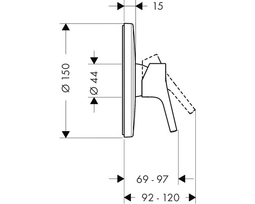 Technische Zeichnung einer Armatur mit Maßangaben