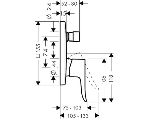 Technische Zeichnung einer Duscharmatur mit Maßangaben
