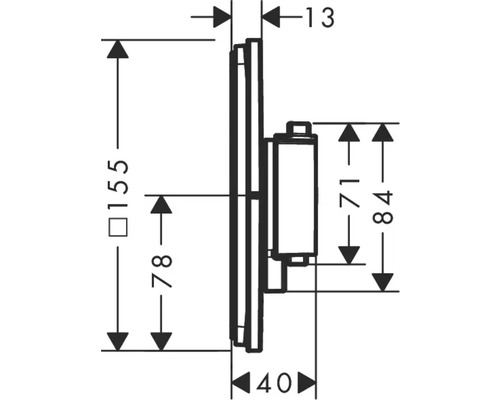 Technische Zeichnung mit Maßangaben des Produkts: 155 mm Höhe, 78 mm Höhe, 84 mm Höhe, 71 mm Höhe, 40 mm Breite, 13 mm Tiefe.