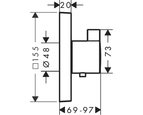 Technische Zeichnung eines Badaccessoires mit Maßangaben