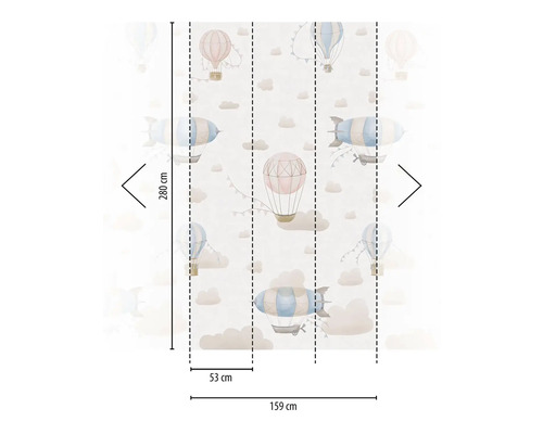 Tapete mit Heißluftballons und Luftschiffen, Maße 280 cm hoch und 159 cm breit
