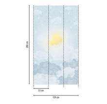 Tapete mit Wolken- und Sonnenmotiv und Maßangaben