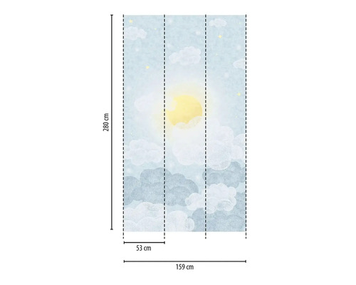 Tapete mit Wolken- und Sonnenmotiv und Maßangaben