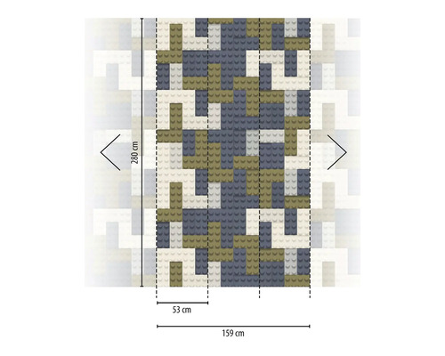 Grafik einer Wandverkleidung mit Bauklotz Design und Maßangaben 280 cm hoch und 159 cm breit