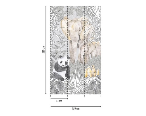 Fototapete mit Elefanten, Panda und Erdmännchen im Dschungel, Größenangaben