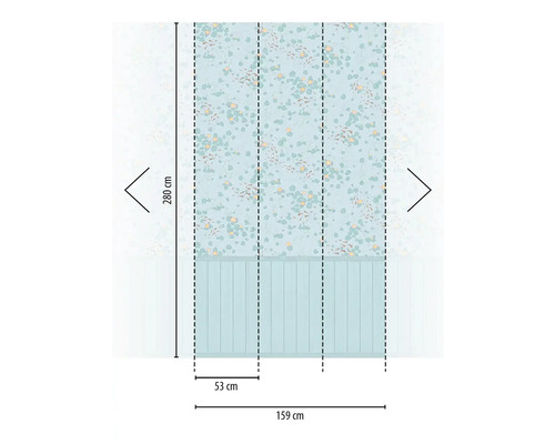 Abmessungen einer Mustertapete mit Blätter- und Fischmuster, Höhe 280 cm, Breite 159 cm