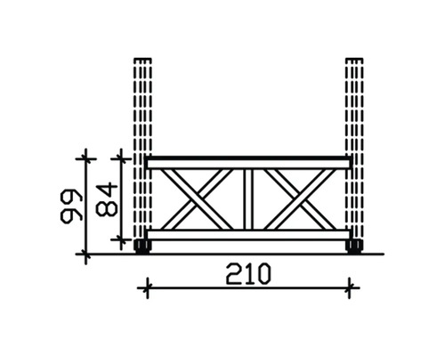 Technische Zeichnung einer Gerüstbühne mit den Maßen 210 cm Breite und 99 cm Höhe