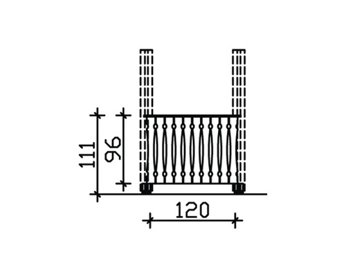 Technische Zeichnung eines Balkongeländers mit Maßen 120 x 111 cm.