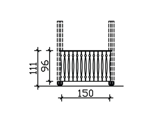 Technische Zeichnung eines Balkongeländers mit Maßangaben: Höhe 111 cm, Geländerhöhe 96 cm, Breite 150 cm.