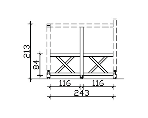 Technische Zeichnung einer Tischbockkonstruktion mit Maßangaben