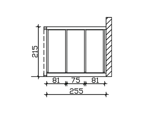 Technische Zeichnung eines Regals mit den Maßen 215 x 255 cm.